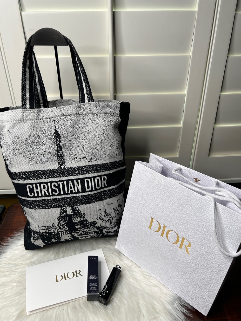 Dior Beauty Black & White Paris Jacquard Tote Bag With Lipstick, Shopping Bag NW - Picture 14 of 16
